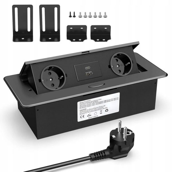 Wysuwana Listwa Zasilająca USB C PD 20W 2 Gniazda do Blatu 2500W Czarna Wysuwana Listwa Zasilająca USB C PD 20W 2 Gniazda do Blatu 2500W Czarna
